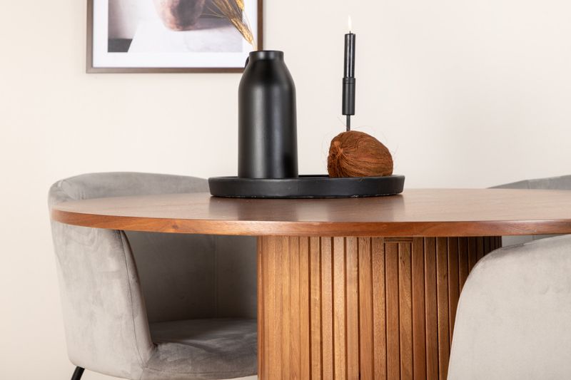 Venture Home Berit & Bianca 4 st Matstolar Grå + Runt Matbord ⌀110 Valnöt