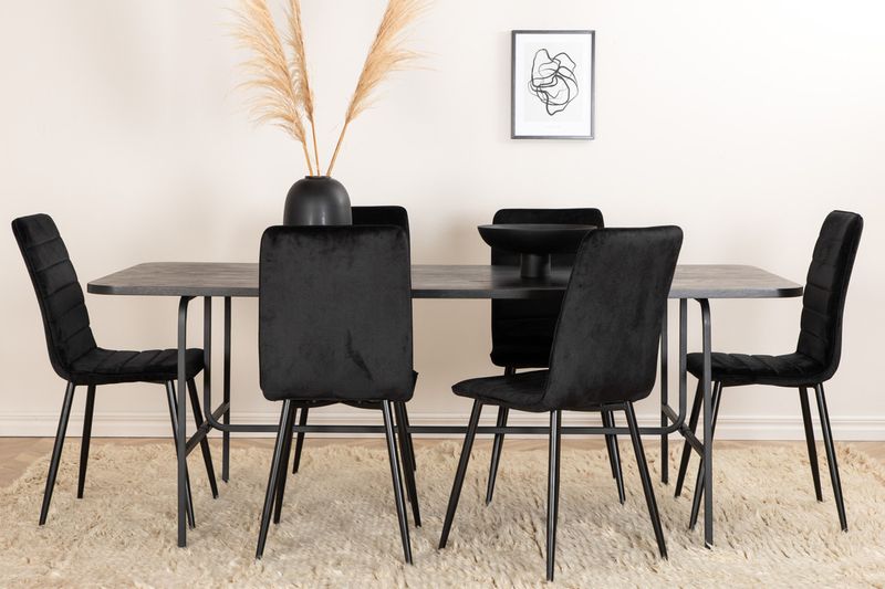 Venture Home Uno & Windu Rektangulärt Matbord 200 x 90 Svart + 6 st Matstolar Svart