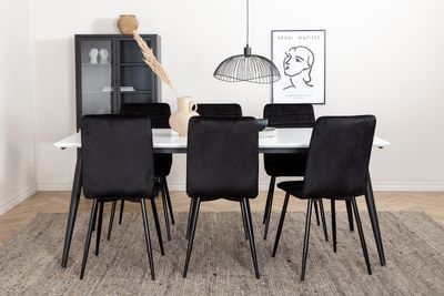 Venture Home Jimmy & Windu Rektangulärt Matbord 195 x 90 Vit + 6 st Matstolar Svart