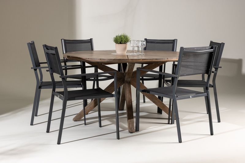 Venture Home Copacabana & Rosario 6 st Matstolar Svart + Runt Matbord ⌀140 Brun