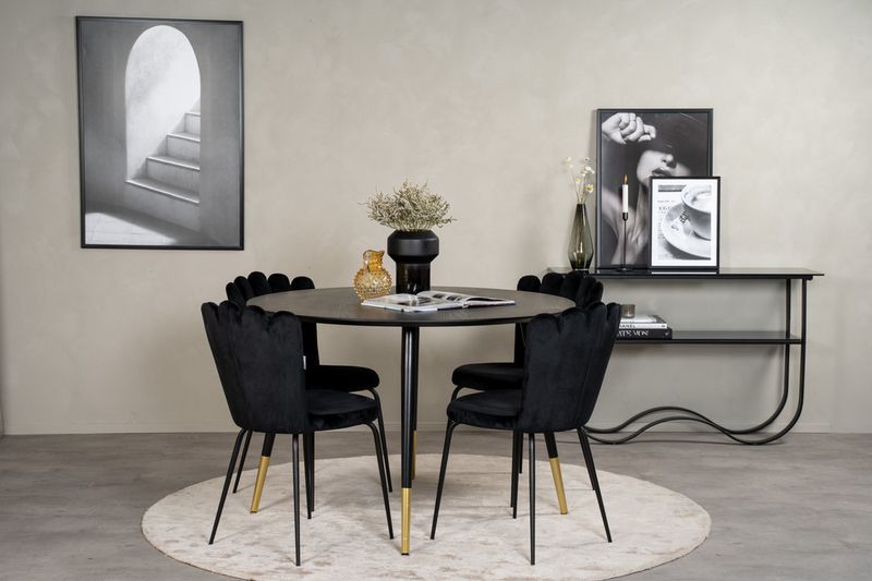 Venture Home Limhamn & Dipp 4 st Matstolar Svart + Runt Matbord ⌀115 Svart