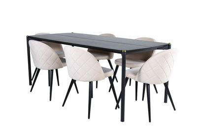 Venture Home Pelle & Velvet Rektangulärt Matbord 190 x 90 Svart + 6 st Matstolar Beige
