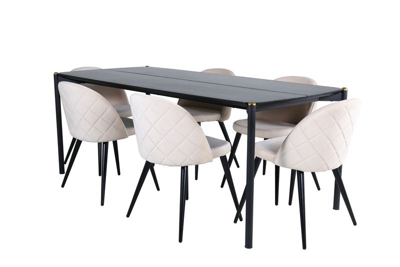 Venture Home Pelle & Velvet Rektangulärt Matbord 190 x 90 Svart + 6 st Matstolar Beige