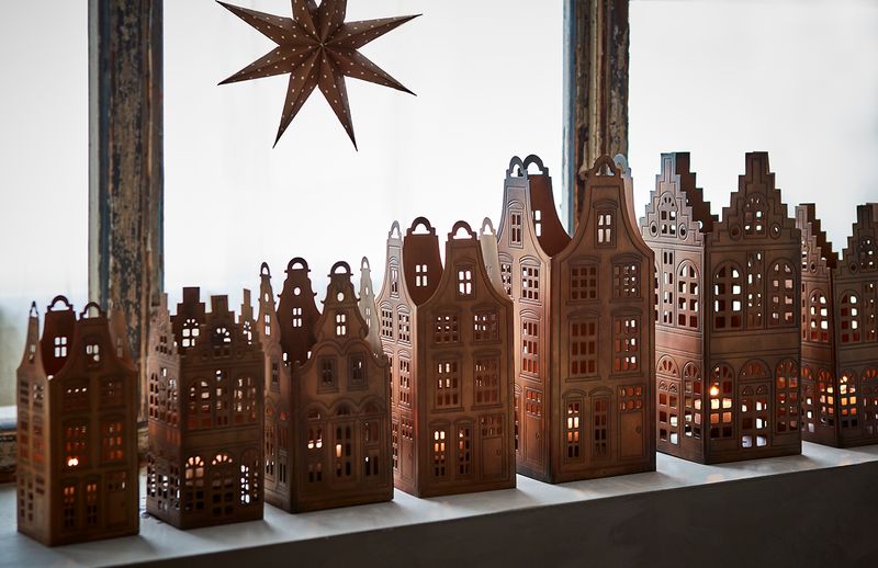 Affari of Sweden VILLAGE Ljuslykta Hus, Set om 3, Mässingsfärgad