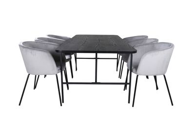 Venture Home Berit & Uno 6 st Matstolar Grå + Rektangulärt Matbord 200 x 90 Svart