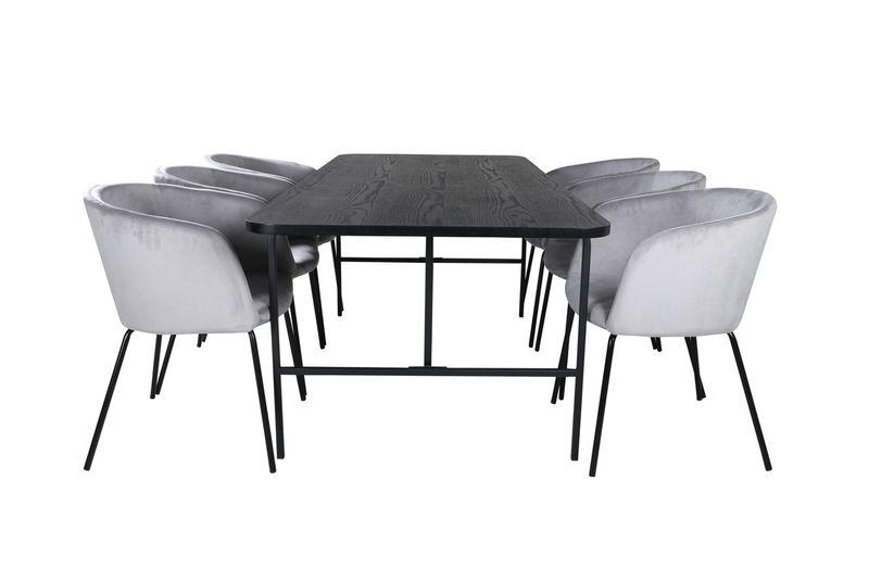 Venture Home Berit & Uno 6 st Matstolar Grå + Rektangulärt Matbord 200 x 90 Svart