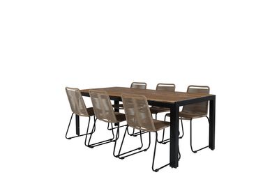 Venture Home Lindos & Bois 6 st Matstolar Brun + Rektangulärt Matbord 205 x 90 Natur