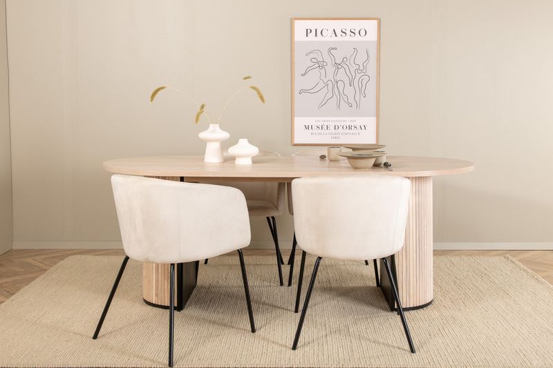 Venture Home Berit & Bianca 4 st Matstolar Beige + Ovalt Matbord 200 x 90 Vitputsad