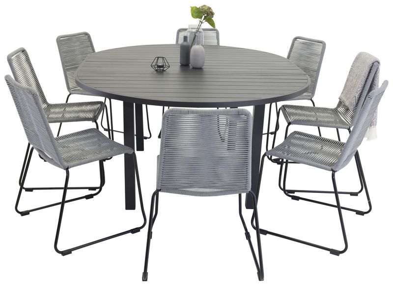 Venture Home Marbella & Lindos Runt Matbord ⌀140 Svart + Matstolar 8-pack Grå