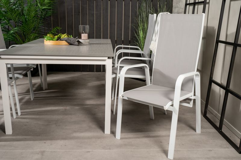 Venture Home Levels & Copacabana Rektangulärt Matbord 160 x 100 Vit + 6 st Reclinerstolar Grå