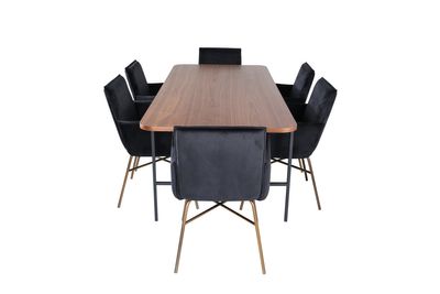 Venture Home Petra & Uno 6 st Matstolar Svart + Rektangulärt Matbord 200 x 90 Natur