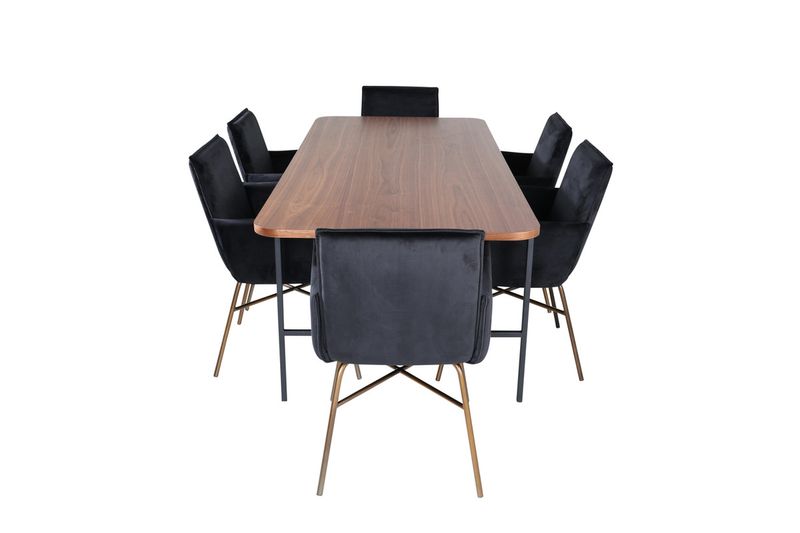 Venture Home Petra & Uno 6 st Matstolar Svart + Rektangulärt Matbord 200 x 90 Natur