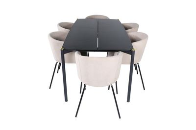 Venture Home Berit & Pelle 6 st Matstolar Beige + Rektangulärt Matbord 190 x 90 Svart