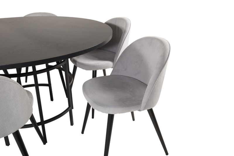 Venture Home Copenhagen & Velvet Runt Matbord ⌀140 Svart + 6 st Matstolar Ljusgrå