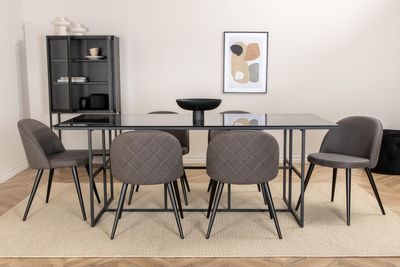 Venture Home Leif & Velvet Rektangulärt Matbord 200 x 90 Svart + 6 st Matstolar Grå