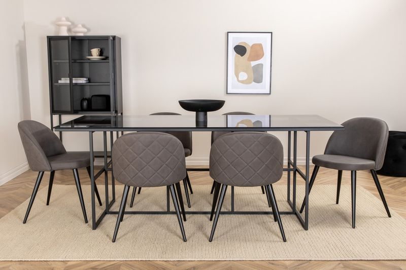 Venture Home Leif & Velvet Rektangulärt Matbord 200 x 90 Svart + 6 st Matstolar Grå