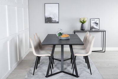 Venture Home Polar & Marina 6 st Matstolar Beige + Rektangulärt Matbord 180 x 90 Svart