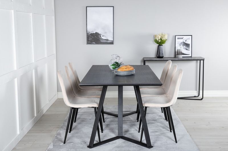 Venture Home Polar & Marina 6 st Matstolar Beige + Rektangulärt Matbord 180 x 90 Svart