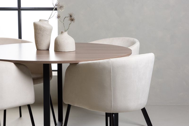 Venture Home Berit & Durango 4 st Matstolar Beige + Runt Matbord ⌀120 Valnöt
