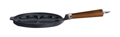 Ronneby Bruk, Plättpanna Gjutjärn 25 cm Hjärtformade Urtag & Brunt Trähandtag