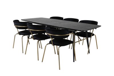 Venture Home Arrow & Gold 6 st Matstolar Svart + Rektangulärt Matbord 180 x 85 Svart