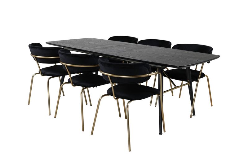 Venture Home Arrow & Gold 6 st Matstolar Svart + Rektangulärt Matbord 180 x 85 Svart