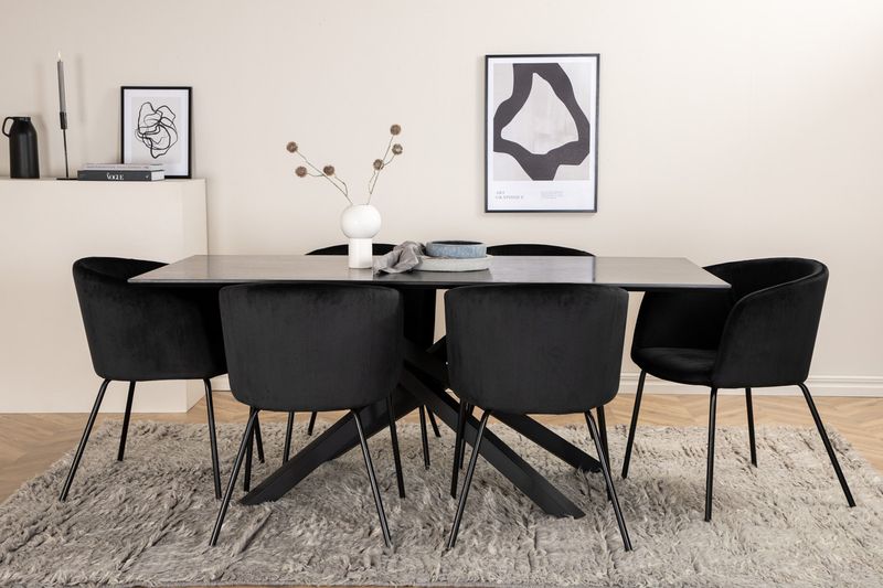 Venture Home Berit & Piazza 6 st Matstolar Svart + Rektangulärt Matbord 180 x 90 Svart