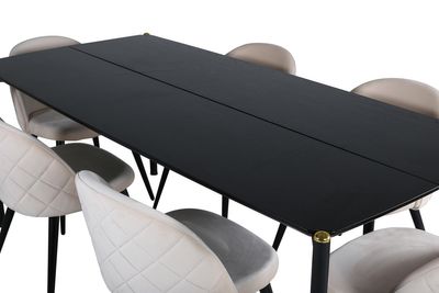 Venture Home Pelle & Velvet Rektangulärt Matbord 190 x 90 Svart + 6 st Matstolar Beige