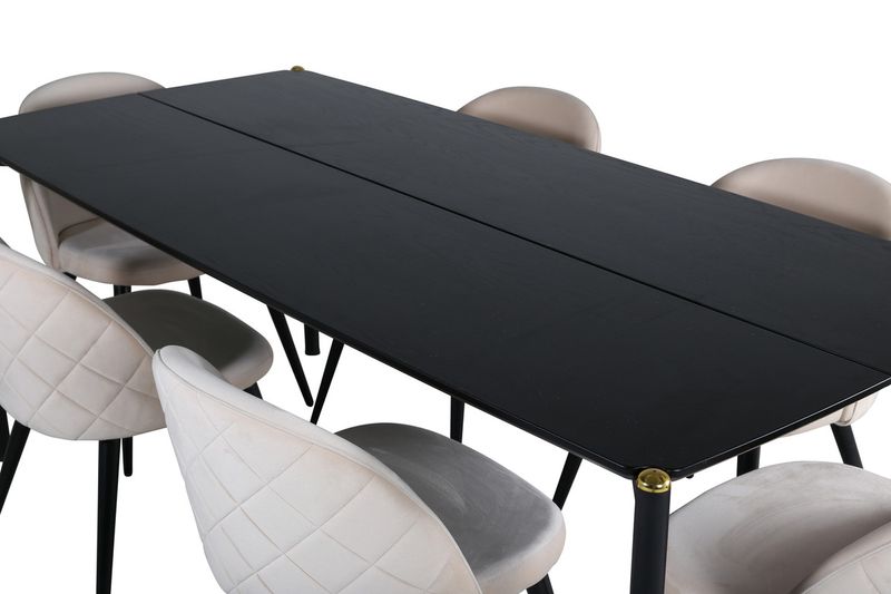 Venture Home Pelle & Velvet Rektangulärt Matbord 190 x 90 Svart + 6 st Matstolar Beige