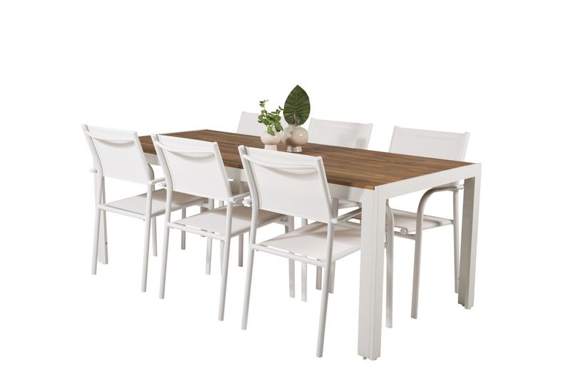 Venture Home Santorini & Bois 6 st Matstolar Vit + Rektangulärt Matbord 200 x 100 Natur