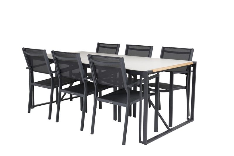 Venture Home Copacabana & Texas 6 st Matstolar Svart + Rektangulärt Matbord 200 x 100 Ljusgrå