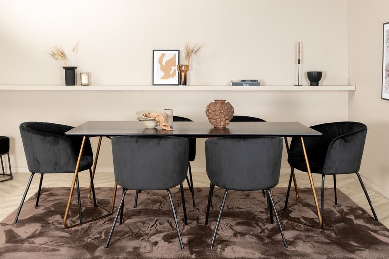 Venture Home Berit & Petra 6 st Matstolar Svart + Rektangulärt Matbord 190 x 90 Svart