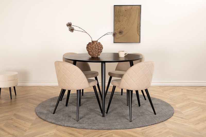 Venture Home Dipp & Velvet Runt Matbord ⌀115 Svart + 4 st Matstolar Beige