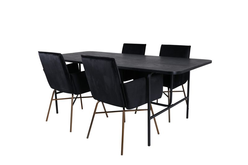 Venture Home Petra & Uno 4 st Matstolar Svart + Rektangulärt Matbord 200 x 90 Svart