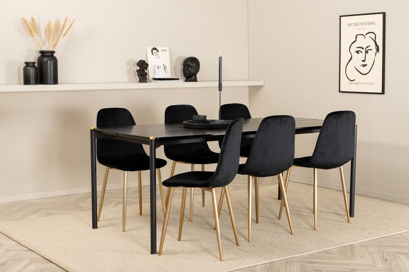 Venture Home Pelle & Polar Rektangulärt Matbord 190 x 90 Svart + 6 st Matstolar Svart