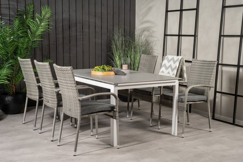 Venture Home Levels & Anna Rektangulärt Matbord 160 x 100 Vit + 6 st Matstolar Grå