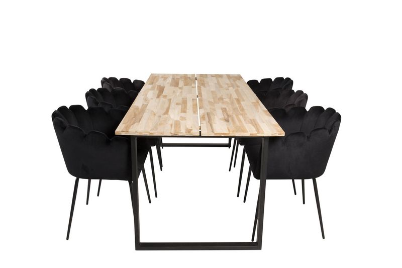 Venture Home Limhamn & Cirebon Matstolar Svart + Rektangulärt Matbord 200 x 90 Natur