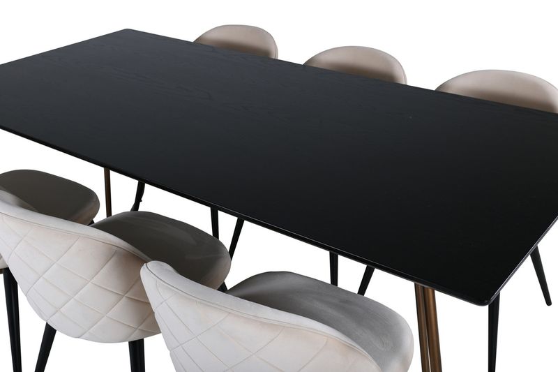 Venture Home Petra & Velvet Rektangulärt Matbord 190 x 90 Svart + 6 st  Matstolar Beige