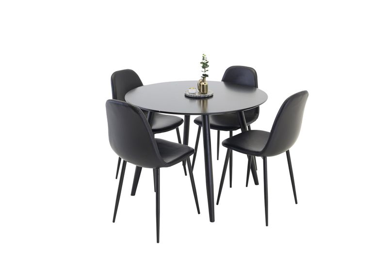 Venture Home Polar & Plaza 4 st Matstolar Svart + Runt Matbord ⌀100 Svart