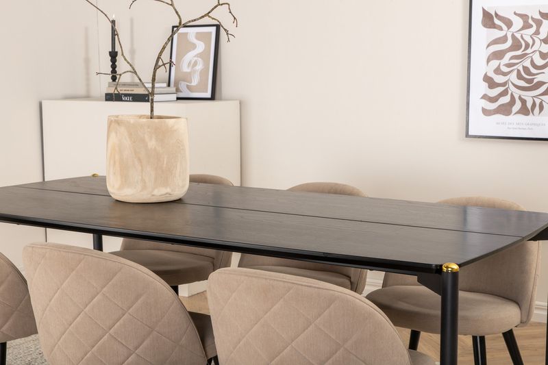 Venture Home Pelle & Velvet Rektangulärt Matbord 190 x 90 Svart + 6 st Matstolar Beige
