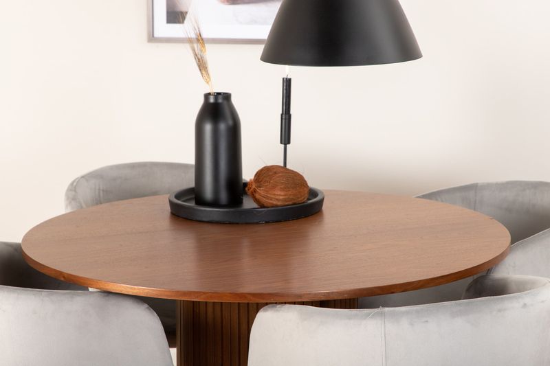 Venture Home Berit & Bianca 4 st Matstolar Grå + Runt Matbord ⌀110 Valnöt