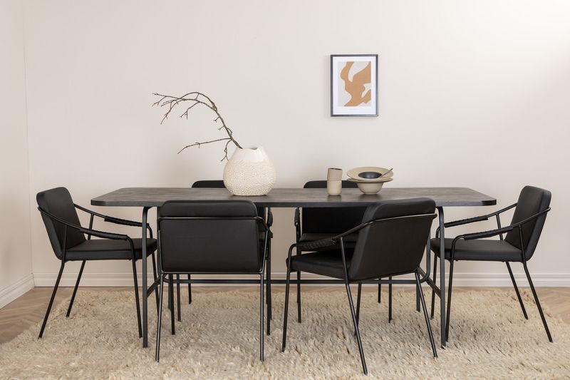 Venture Home Tvist & Uno 6 st Matstolar Svart + Rektangulärt Matbord 200 x 90 Svart