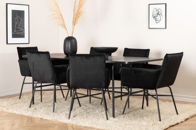 Venture Home Petra & Uno 6 st Matstolar Svart + Rektangulärt Matbord 200 x 90 Svart