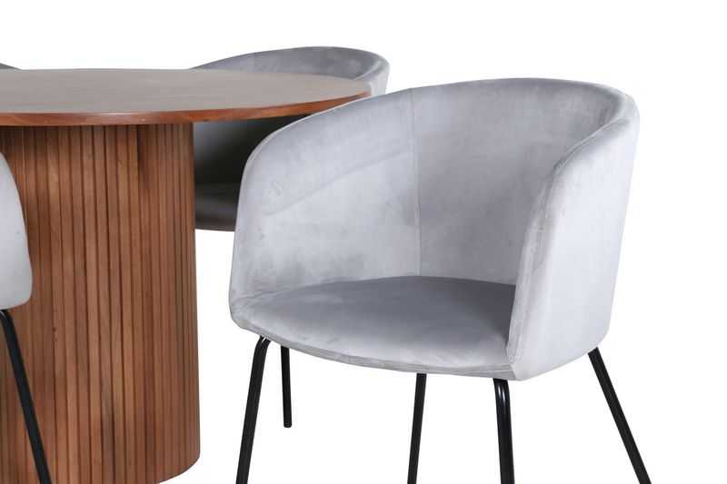 Venture Home Berit & Bianca 4 st Matstolar Grå + Runt Matbord ⌀110 Valnöt