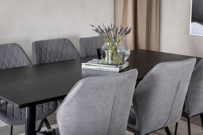 Venture Home Gemma & Dipp 6 st Matstolar Grå + Rektangulärt Matbord 180 x 90 Svart