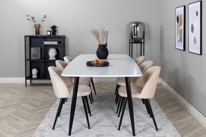 Venture Home Velvet & Polar 6 st Matstolar Beige + Rektangulärt Matbord 240 x 100 Vit
