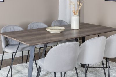 Venture Home Wrinkles & Marina 6 st Matstolar Grå + Rektangulärt Matbord 180 x 90 Natur