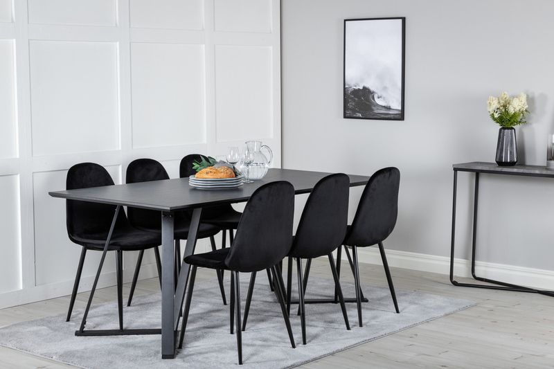 Venture Home Polar & Marina 6 st Matstolar Svart + Rektangulärt Matbord 180 x 90 Svart