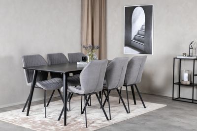 Venture Home Gemma & Dipp 6 st Matstolar Grå + Rektangulärt Matbord 180 x 90 Svart
