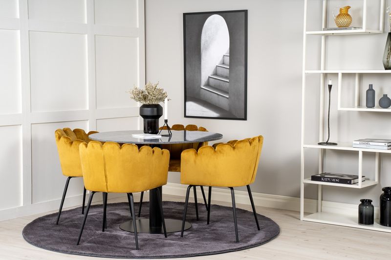 Venture Home Limhamn & Estelle 4 st Matstolar Gul + Runt Matbord ⌀106 Mörkgrå